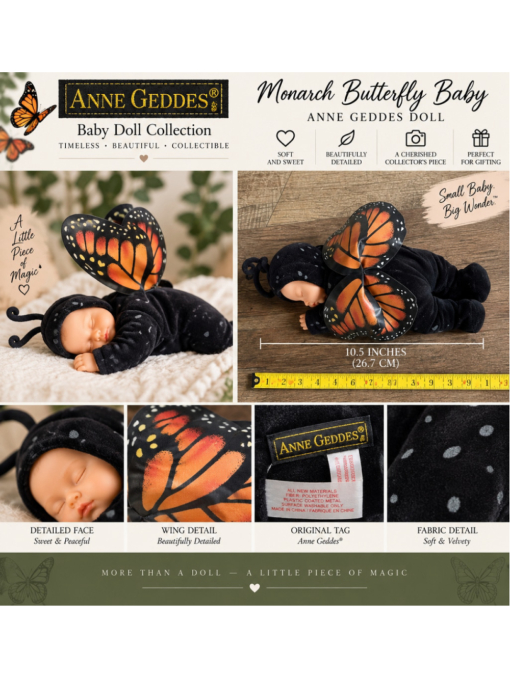 Anne Geddes Monarch Butterfly Baby Doll Plush 10.5” Collector Wings F26